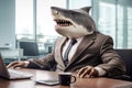 Shark businessman wearing suit sits at its desk in modern office. Generative AI