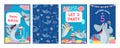 Shark cards. Cute character sharks, baby birthday invitation. Childish under sea posters, kids happy party banners Royalty Free Stock Photo