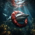 Shark in the center of a red lifebuoy underwater, shark is a dangerous predator