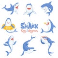 Shark cute animal. Fish attack playing hungry and happy ocean sea shark with big teeth scary blue vector characters