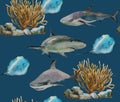 Shark in sea pattern, seamless watercolor pattern with stingrays and corals Royalty Free Stock Photo