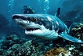 Great White Shark with Diver in Background Royalty Free Stock Photo