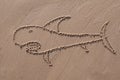 Shark drawn in the sand. Beach background. Royalty Free Stock Photo