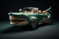 shark driving convertible car made out of shark teeths illustration generative ai Royalty Free Stock Photo