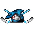 Shark face in profile with crossed sticks and hockey puck in teeth. Logo for any sport team or competition isolated on white
