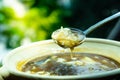 Shark fin hot soup in the bowl with spoon at restaurant. The shark fin soup is the most famous food of china. Nowadays some Royalty Free Stock Photo