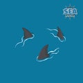 Shark fins on a blue background. Danger fish in isometric style. 3d illustration. Pirate game