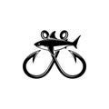 Shark and fishing hook. Design element for emblem, sign, badge, logo. Royalty Free Stock Photo