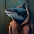 Shark higing inside a hoody in a ship cabin, surreal animal concept, dangerous predator