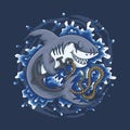 Shark holding on anchor vector illustration