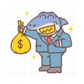 Shark holding bag of money and smiling. Hand drawn character