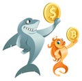 Shark holding dollar symbol and goldfish holding bitcoin symbol