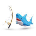 Shark hunting concept. Extreme sport fishing. 3D blue shark with open mouth, reel fishing rod