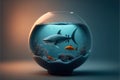 Shark inside a fish bowl illustration artwork generative ai Royalty Free Stock Photo