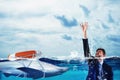 Businessman is likely to drown. Help with deception concept Royalty Free Stock Photo