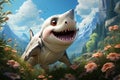 Shark in the mountains, climbing peaks and hunting for mountain goats, big eyes Pixar cartoon style illustration generative ai