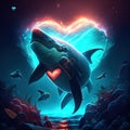 Hammerhead Shark hugging heart shark in the ocean with a heart in the center. 3d illustration AI Generated animal ai