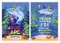 Shark party invitation with starfish, crab and devilfish Royalty Free Stock Photo