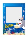 Shark party photo frame background. Undersea kids Birthday party poster. Cartoon vector illustration Royalty Free Stock Photo