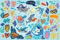 Shark pirates, treasures and corals sticker set. Vector illustration Royalty Free Stock Photo