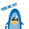 Shark poster cartoon illustration with text. Hungry shark attack with slogan feed me on white background Royalty Free Stock Photo