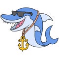 Shark rapper wearing sunglasses and gold anchor necklace, doodle icon image kawaii Royalty Free Stock Photo