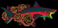 shark with rose flower on black background vector illustration Royalty Free Stock Photo