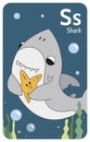 Shark S letter. A-Z Alphabet collection with cute cartoon animals in 2D. Grey shark swimming among seaweeds and holding Royalty Free Stock Photo