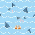 Shark in sea seamless pattern. Man drowns. Scenery screams help