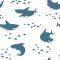 Shark seamless pattern. Childish vector background in simple scandinavian cartoon style. Blue fish at different angles Royalty Free Stock Photo