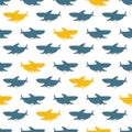 Shark seamless pattern. Childish vector background in simple scandinavian cartoon style. Contrasting blue yellow fish on a white Royalty Free Stock Photo