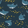 Shark seamless pattern. Childish Vector illustration in simple Scandinavian cartoon style on a dark background. Blue fish at Royalty Free Stock Photo