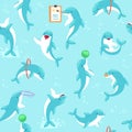 Shark seamless pattern, textile dolphin sea, blue ocean, cute marine background, design, cartoon style vector