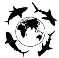 Shark silhouette. Swimming sharks. Planet Earth. Map of Eurasia.