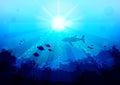 Shark and small fish are circling under the water illuminated by sunlight and rays, view with the bottom of the ocean