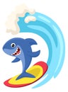 Shark surfer. Cartoon joyful animal on ocean wave