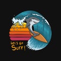 Shark Surfing sunset vector illustration Royalty Free Stock Photo