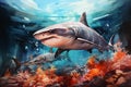 Shark swimming in the ocean with corals. Watercolor ilustration Royalty Free Stock Photo