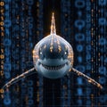 Shark swims through digital ocean filled with binary code and data streams during a virtual reality scene Royalty Free Stock Photo