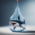 A shark swims in a transparent plastic bag shaped like a drop. Royalty Free Stock Photo