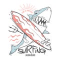 Shark t-shirt surf print design, vector illustration