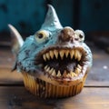 Dark Amber Shark Cupcake With Exaggerated Expressions