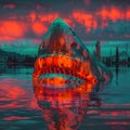 Shark tooth submerged in a glowing venomous liquid, dark background