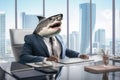 Shark top manager wearing business suit sits in its office with skyscrapers on background. Generative AI