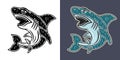 Shark in two styles monochrome on white and colorful on grey background vector illustration Royalty Free Stock Photo