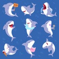 Shark vector cartoon seafish smiling with sharp teeth illustration set of fishery character illustration kids set of