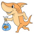 Shark walking with a happy face carrying ornamental goldfish in a plastic bag, doodle icon image kawaii Royalty Free Stock Photo