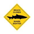 Shark warning sign. Yellow sign with the text. Beach Closed. Shark sighted. sighting sign with a shark silhouette. Attention. Caut