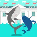 Shark and a whale dancing in front of white house illustration drawing artwork