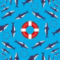 Sharks are circling around the life ring. Vector illustration. Black humor.